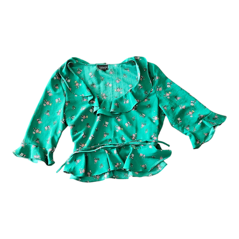 Topshop Size 6 Green Floral 3/4 Sleeve Shirt